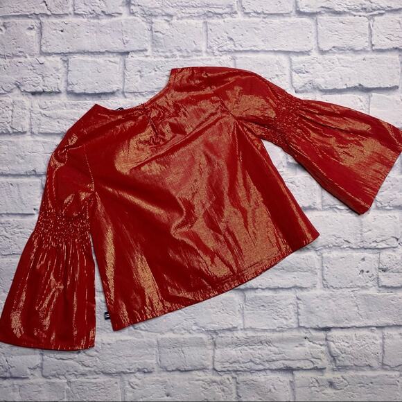 NEW Nautica Blouse, Flare Bell Sleeve, Red/Metallic Gold Stripes - Picture 7 of 10